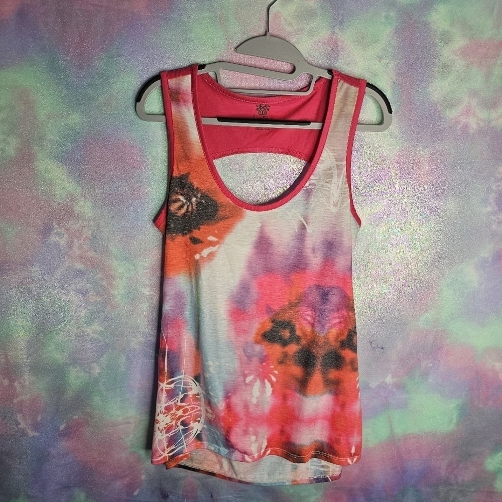 Jessica Simpson Pink Purple Blue Neon Tie Dye Tank Top Open Back Size Medium - Picture 3 of 13
